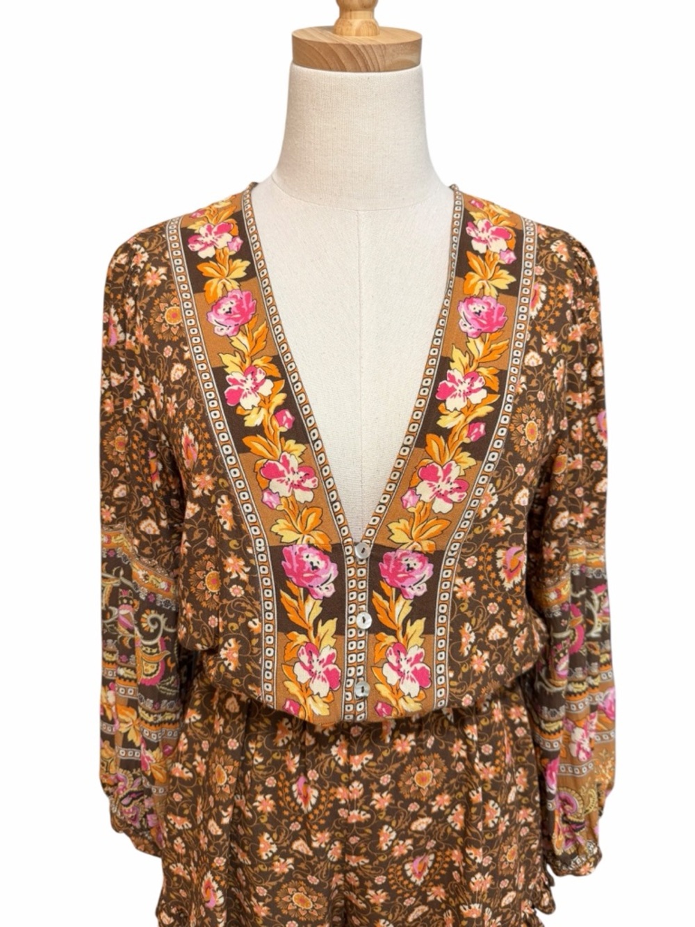 SPELL Madame Peacock Romper Coffee Floral Size Small - Picture 3 of 12